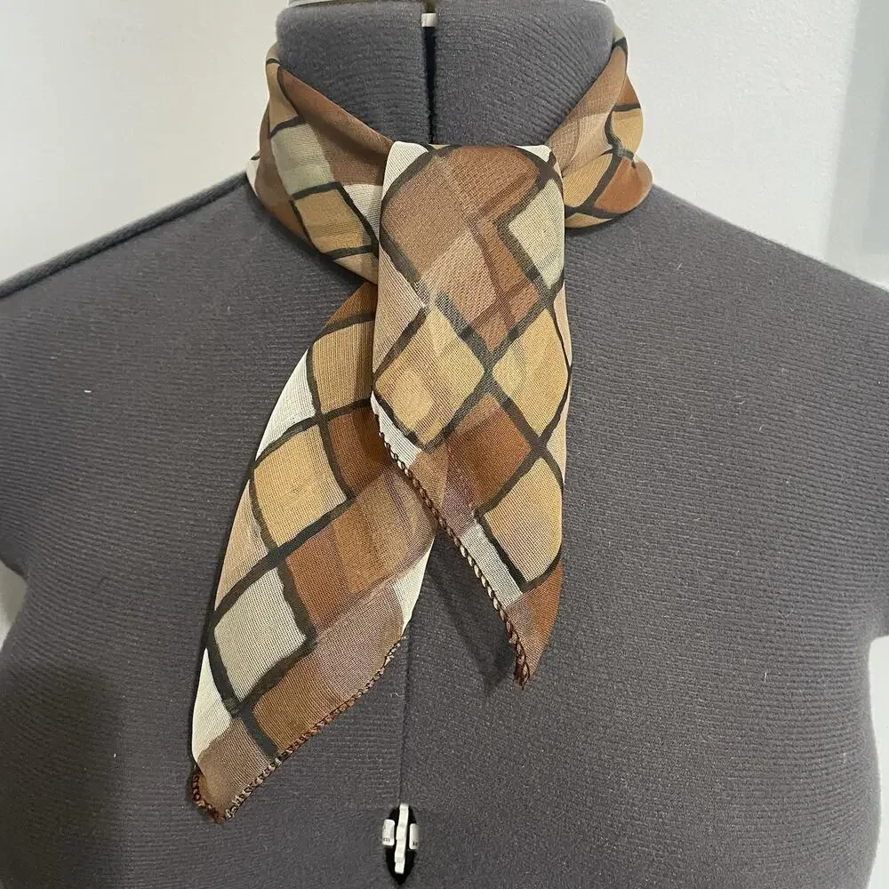 Vintage 90s Square Scarf Brown Tan Cream Check Small 20 X 20 Geometric